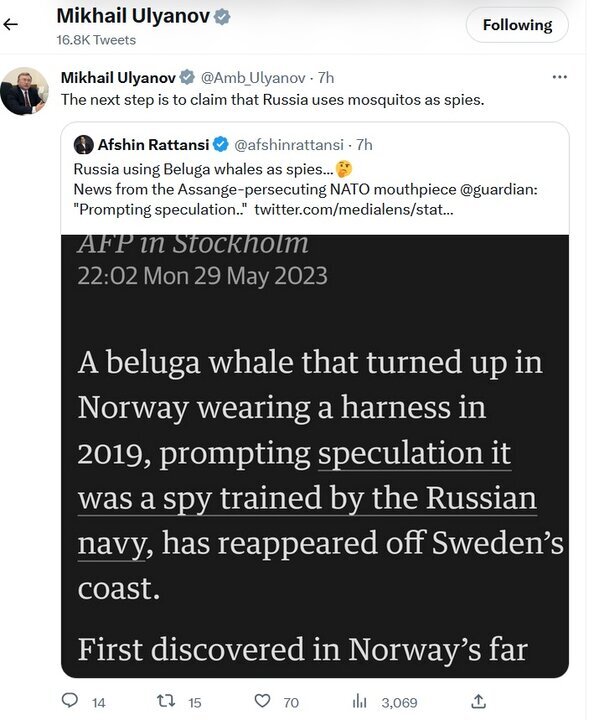 واکنش اولیانوف به گزارش‌ها درباره نهنگ جاسوس روس
