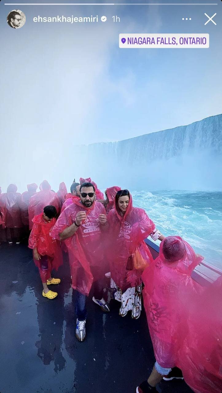 عکس| تصویر جالب از خیس شدن احسان خواجه‌امیری در کنار دریاچه نیاگارا با عینک آفتابی!