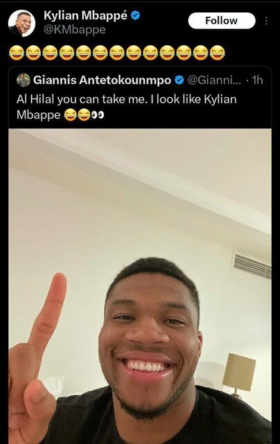 واکنش امباپه به شوخی یانیس با الهلال واکنش امباپه به شوخی یانیس با الهلال