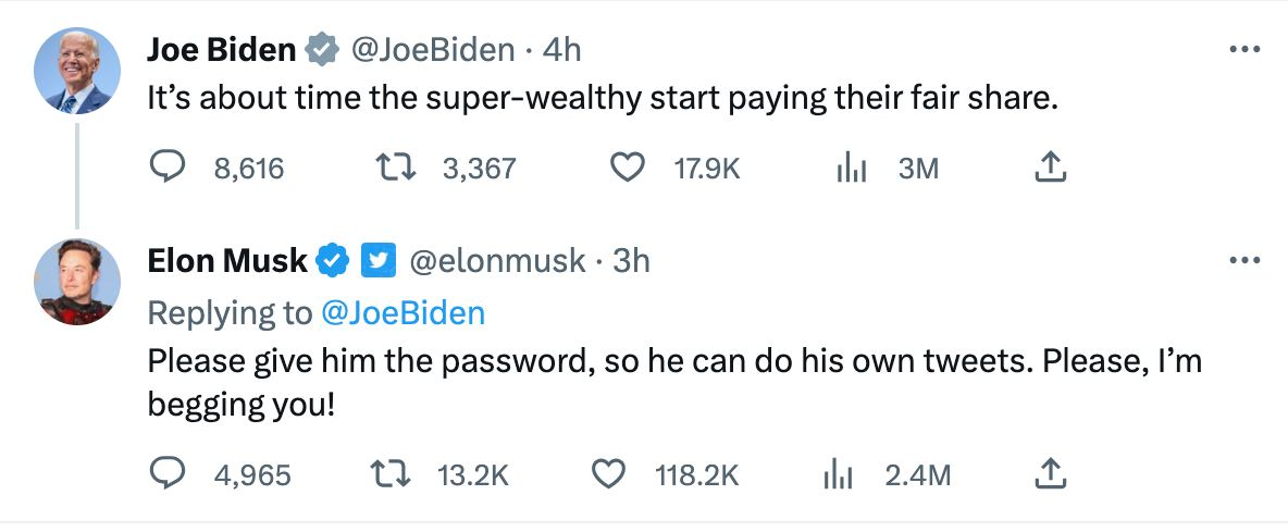 عکس| طعنه ایلان ماسک به بایدن: لطفا پسوورد را به خودش بدهید که خودش توییت بزند!