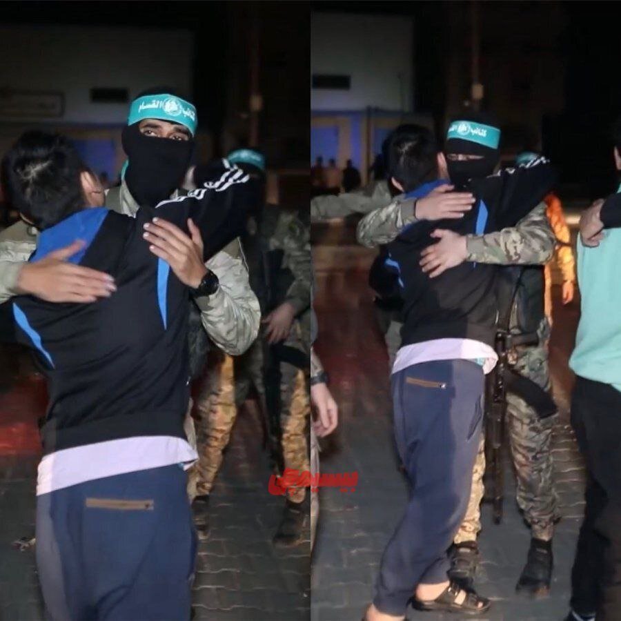 عکس| لحظه‌ی عجیب خداحافظی یک اسیر اسرائیلی با رزمنده گردان القسام