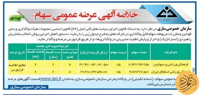 عکس| آگهی مزایده پرسپولیس و استقلال منتشر شد