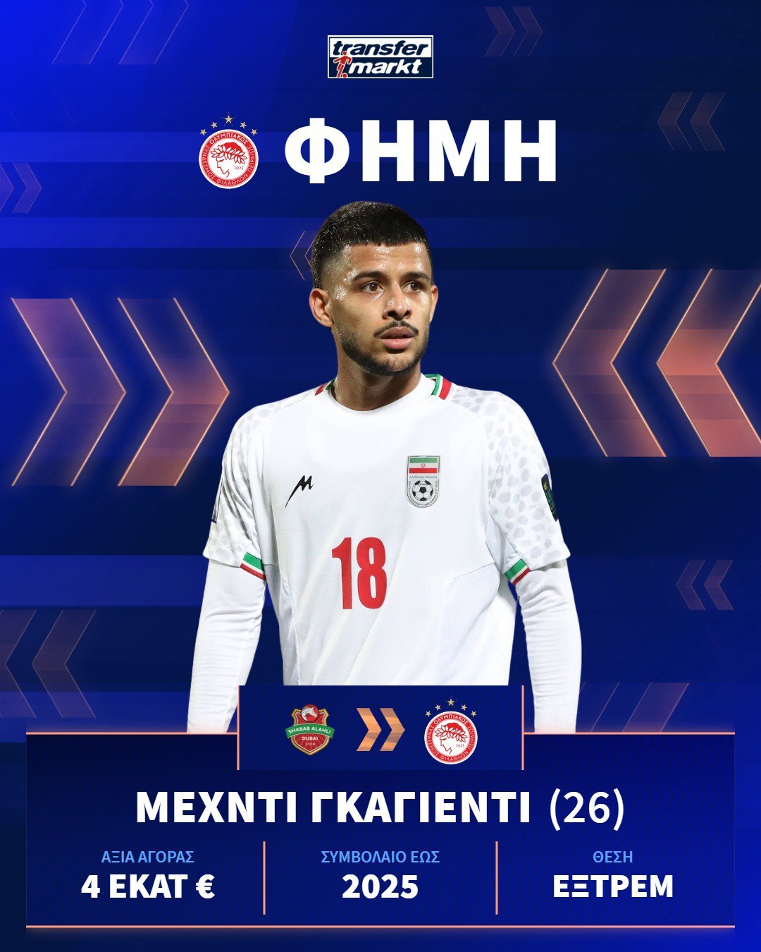 عکس/ سایت ترانسفر مارکت مهدی قائدی را به المپیاکوس لینک کرد