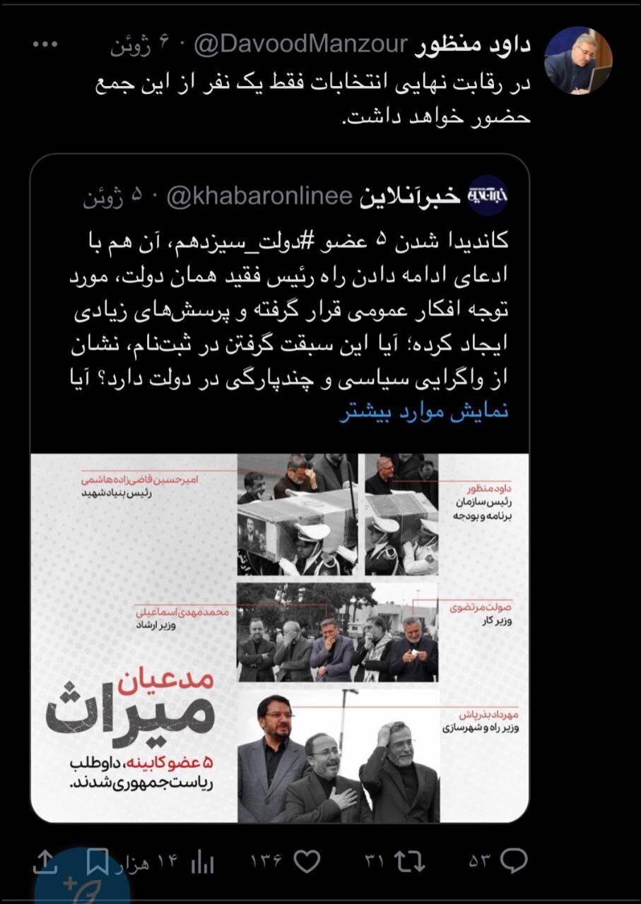 داوود منظور:  از بین ۵ کاندیدای عضو دولت، فقط یک نفر باقی خواهد ماند