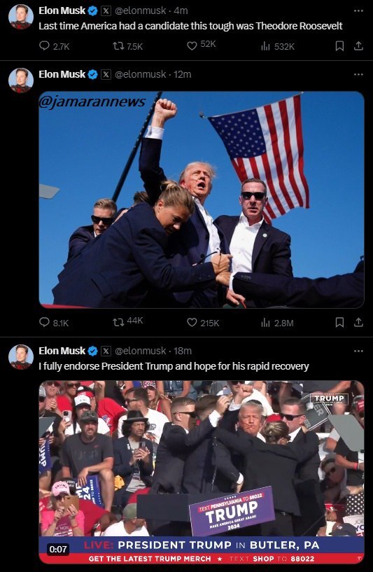 عکس| توییت متفاوت ایلان ماسک بعد از ترور ناموفق ترامپ عکس| توییت متفاوت ایلان ماسک بعد از ترور ناموفق ترامپ