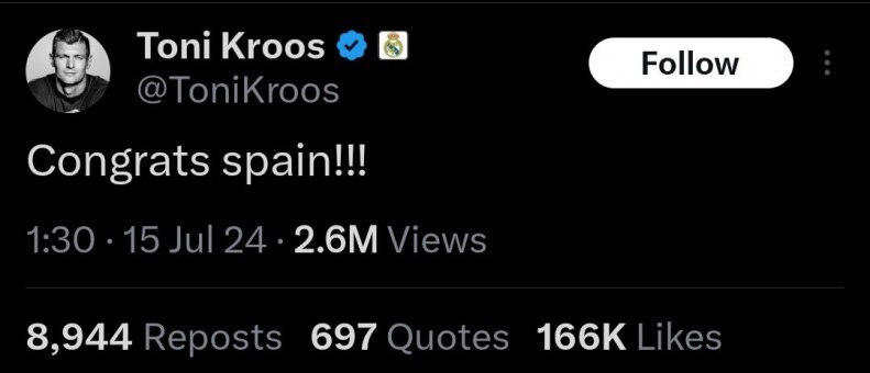 عکس| تبریک تونی کروس به قهرمان اروپا