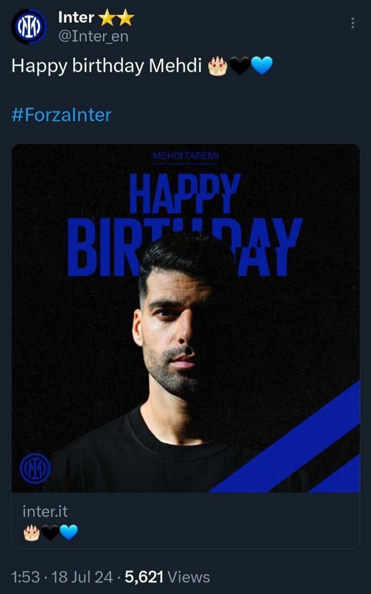عکس| تبریک تولد «طارمی» به سبک باشگاه اینتر؛ تولدت مبارک مهدی!