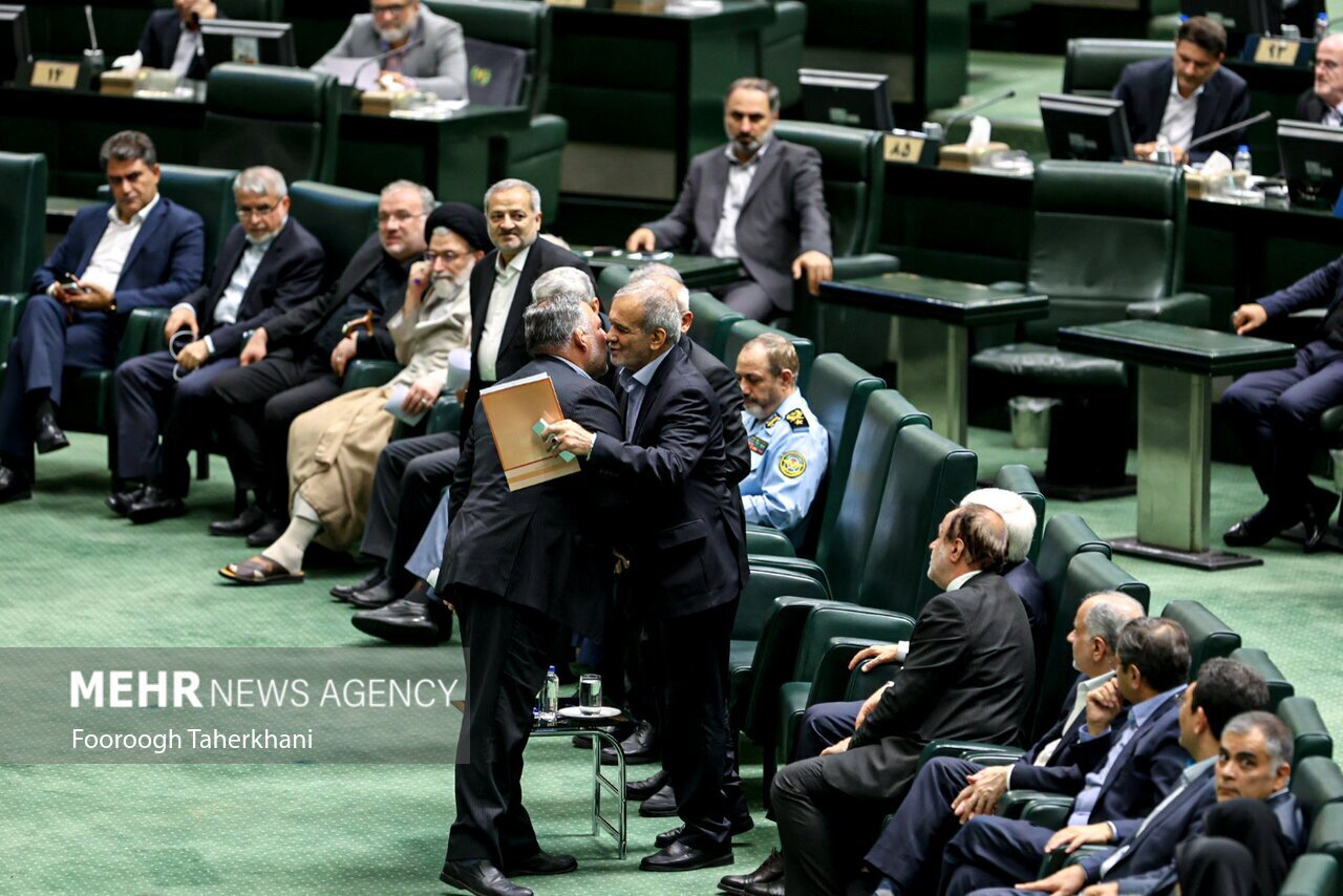 عکس| روبوسی وزیر اقتصاد احمدی نژاد و پزشکیان در صحن مجلس