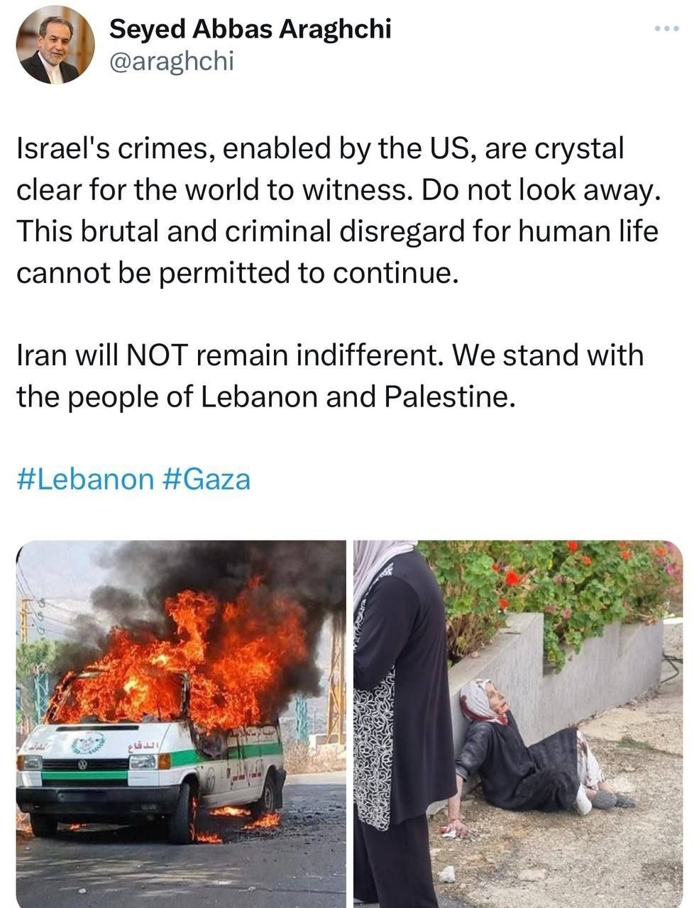 عراقچی: در کنار مردم لبنان و فلسطین ایستادهایم عراقچی: در کنار مردم لبنان و فلسطین ایستادهایم