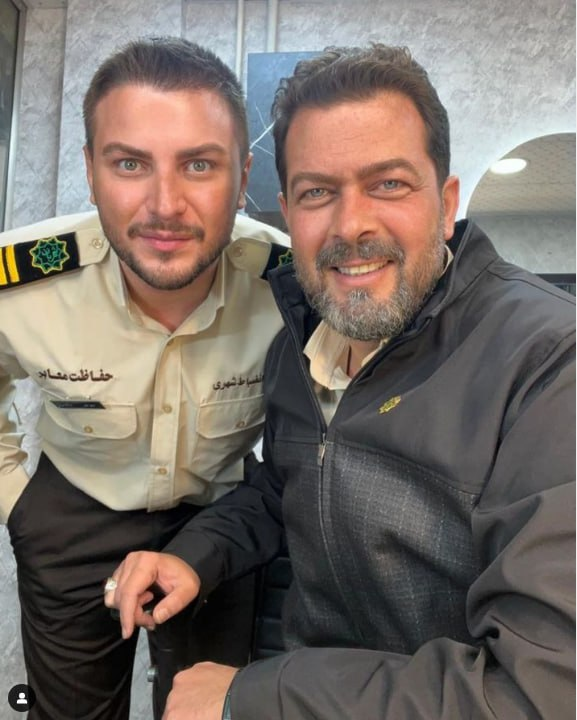 عکس/ پژمان بازغی در کنار دارا حیایی با لباس نیرو انتظامی در تولید یک فیلم پلیسی