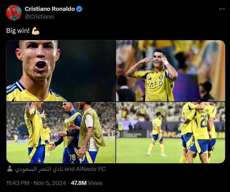 عکس/ واکنش رونالدو به برد النصر در آسیا عکس/ واکنش رونالدو به برد النصر در آسیا