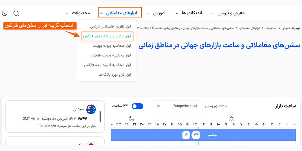 برنامه‌های سشن فارکس، برنامه سشن‌های فارکس، برنامه سشن فارکسنحوه استفاده از ابزار سشن و ساعات بازار فارکس تریدینگ فایندر