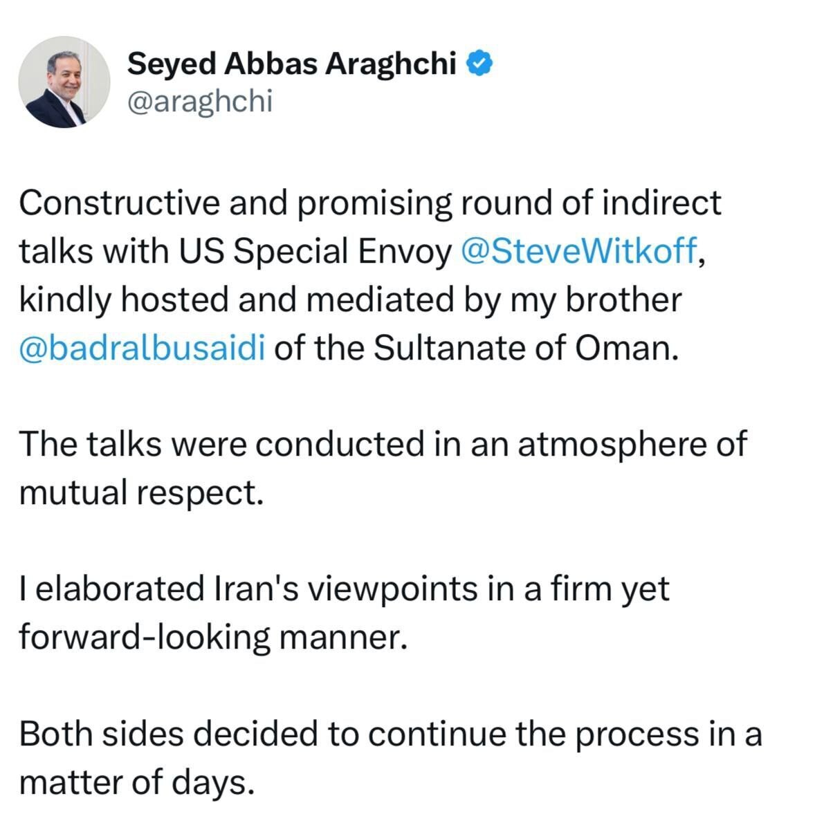 اولین توئیت عراقچی بعد از مذاکرات امروز