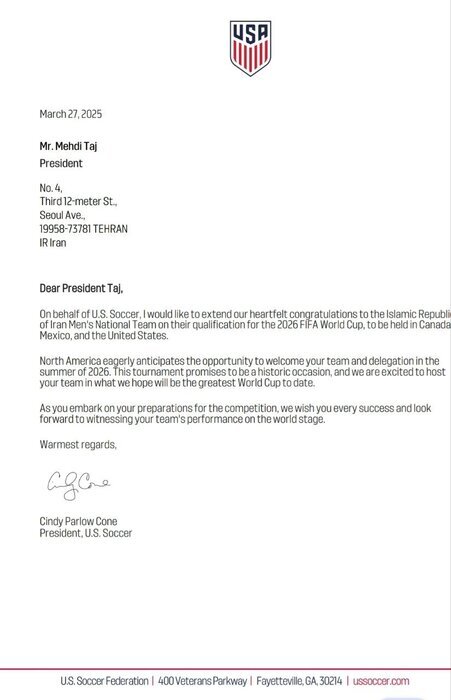 فدراسیون فوتبال آمریکا صعود ایران به جام‌جهانی را تبریک گفت