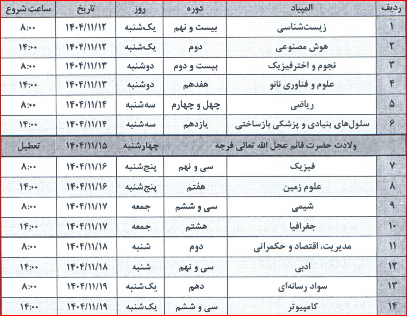 زمانبندی المپیاد‌های ۱۴۰۵-۱۴۰۴ اعلام شد