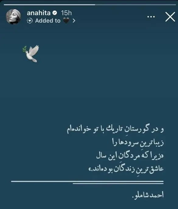 استوری آناهیتا درگاهی برای چهلم جانباختگان دیماه استوری آناهیتا درگاهی برای چهلم جانباختگان دیماه