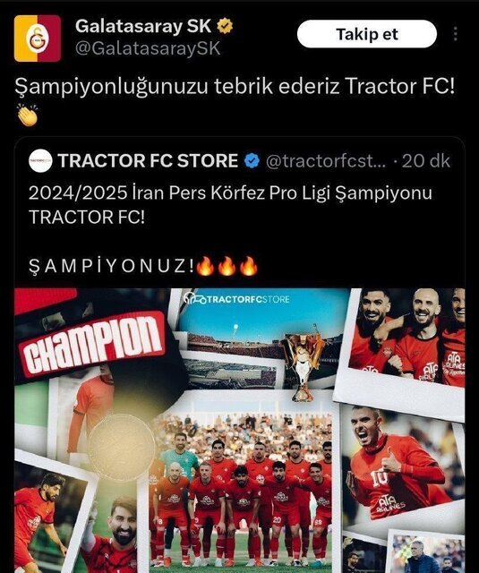 گالاتاسرای قهرمانی تراکتور را تبریک گفت
