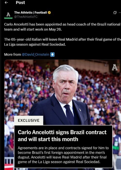 آنچلوتی سرمربی برزیل شد؛ اولین خارجی تاریخ روی نیمکت سلسائو آنچلوتی سرمربی برزیل شد؛ اولین خارجی تاریخ روی نیمکت سلسائو