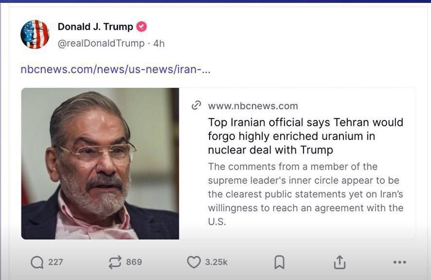 ترامپ مصاحبه شمخانى را بازنشر کرد ترامپ مصاحبه شمخانى را بازنشر کرد