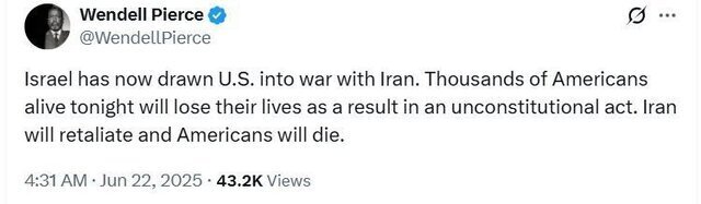 واکنش بازیگر آمریکایی به حمله آمریکا به تاسیسات هستهای ایران واکنش بازیگر آمریکایی به حمله آمریکا به تاسیسات هستهای ایران