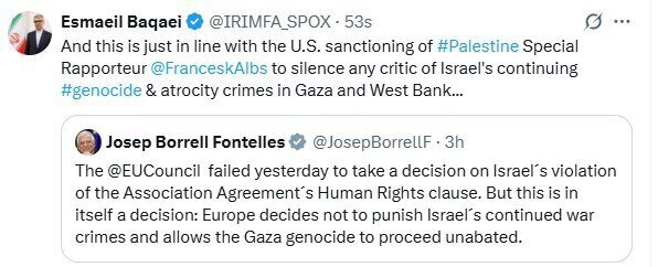 بقائی: آمریکا، منتقدان نسلکشی اسرائیل در غزه را با تحریم ساکت میکند بقائی: آمریکا، منتقدان نسلکشی اسرائیل در غزه را با تحریم ساکت میکند