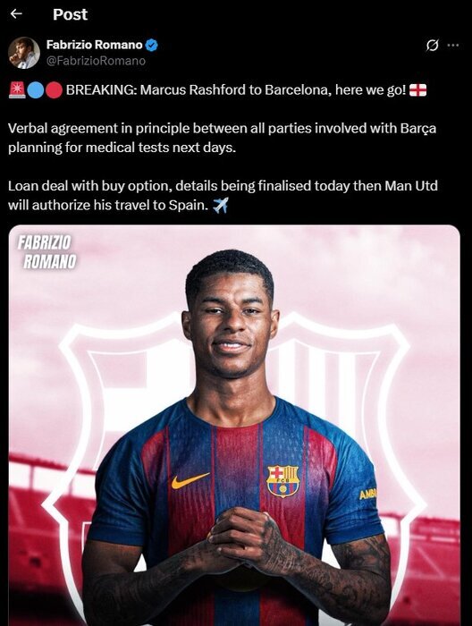 رومانو خبر داد؛ رشفورد به بارسا پیوست