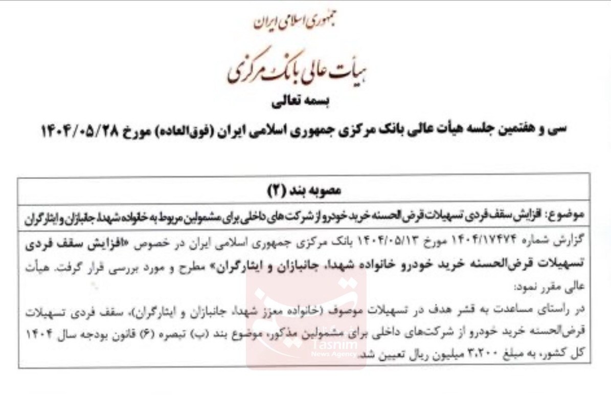 سقف وام خرید خودرو خانواده شهدا و جانبازان ۳۲۰ میلیون تومان شد