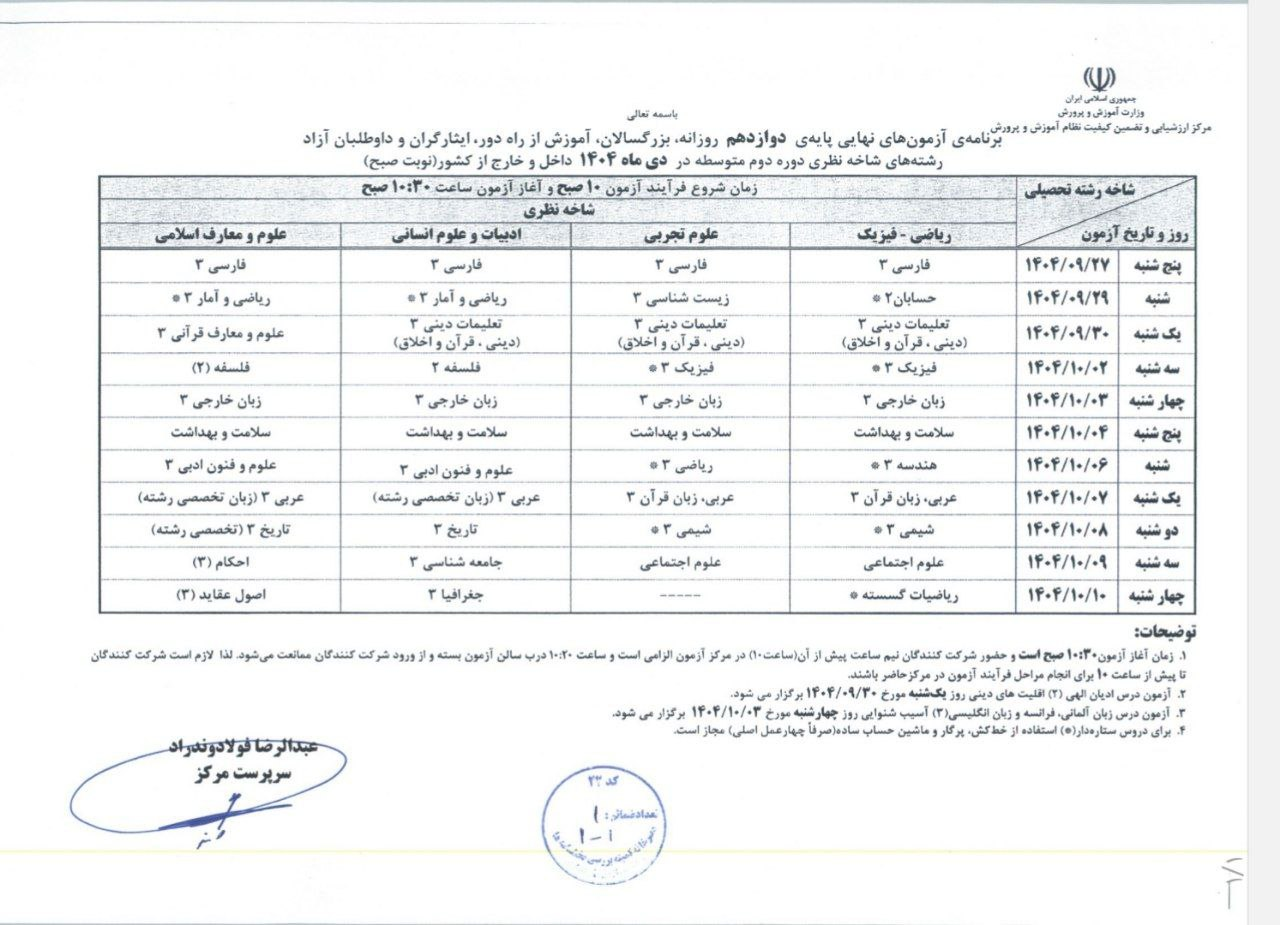برنامه امتحانات نهایی دوازدهمی‌ها اعلام شد