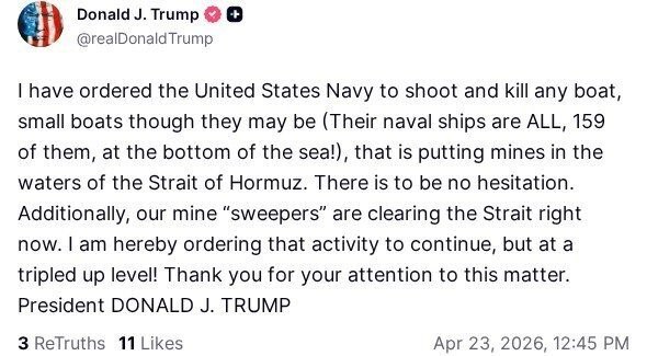 ترامپ: فعالیت مین‌روبی‌ها تنگه هرمز در سطح سه برابر ادامه می‌یابد | دستور داده‌ام هر قایقی که در حال مین‌گذاری است، شلیک کرده و آن را از بین می‌بریم