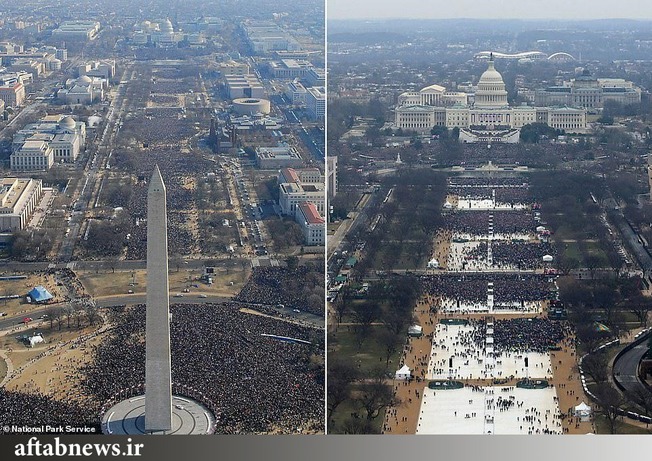 عکس‌های هوایی مقایسه‌ای که تعداد حضار در مراسم تحلیف ریاست‌جمهوری اوباما در سال ۲۰۰۹ و دونالد ترامپ در سال ۲۰۱۷ را نشان می‌دهند.
