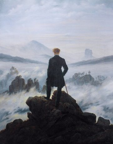«سرگردان بر فراز دریای مه»

برخی معتقدند فردی که در این نقاشی به تصویر کشیده شده است در حقیقت خودنگاره‌ای از «فردریش» است. «فردریش» این نقاشی را در کوهستان طراحی و در کارگاه رنگ‌آمیزی کرد.