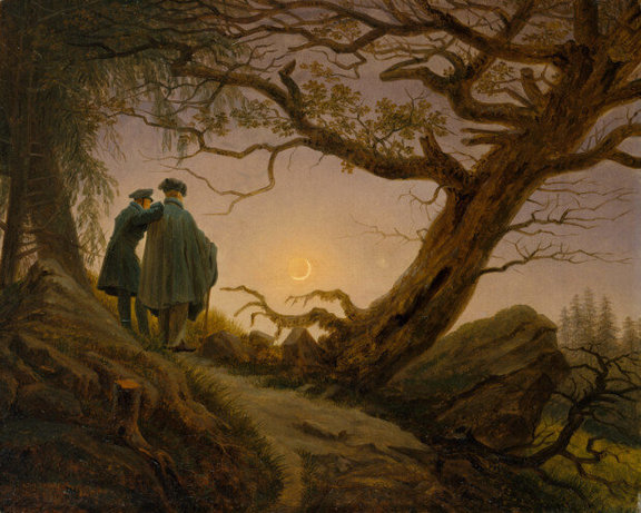 «دو مرد تأمل کرده به ماه»

هویت کسانی که در این نقاشی به تصویر کشیده شده‌اند به عنوان «فردریش» و دوستش شناسایی شده‌ است.