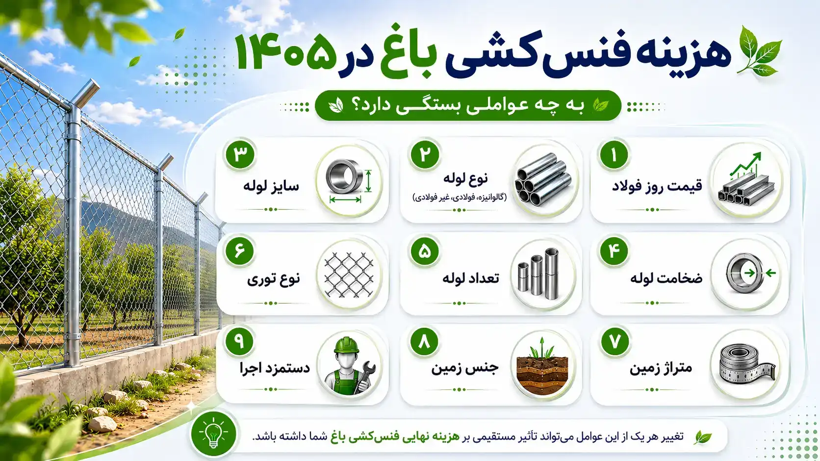 هزینه فنس‌کشی باغ در ۱۴۰۵